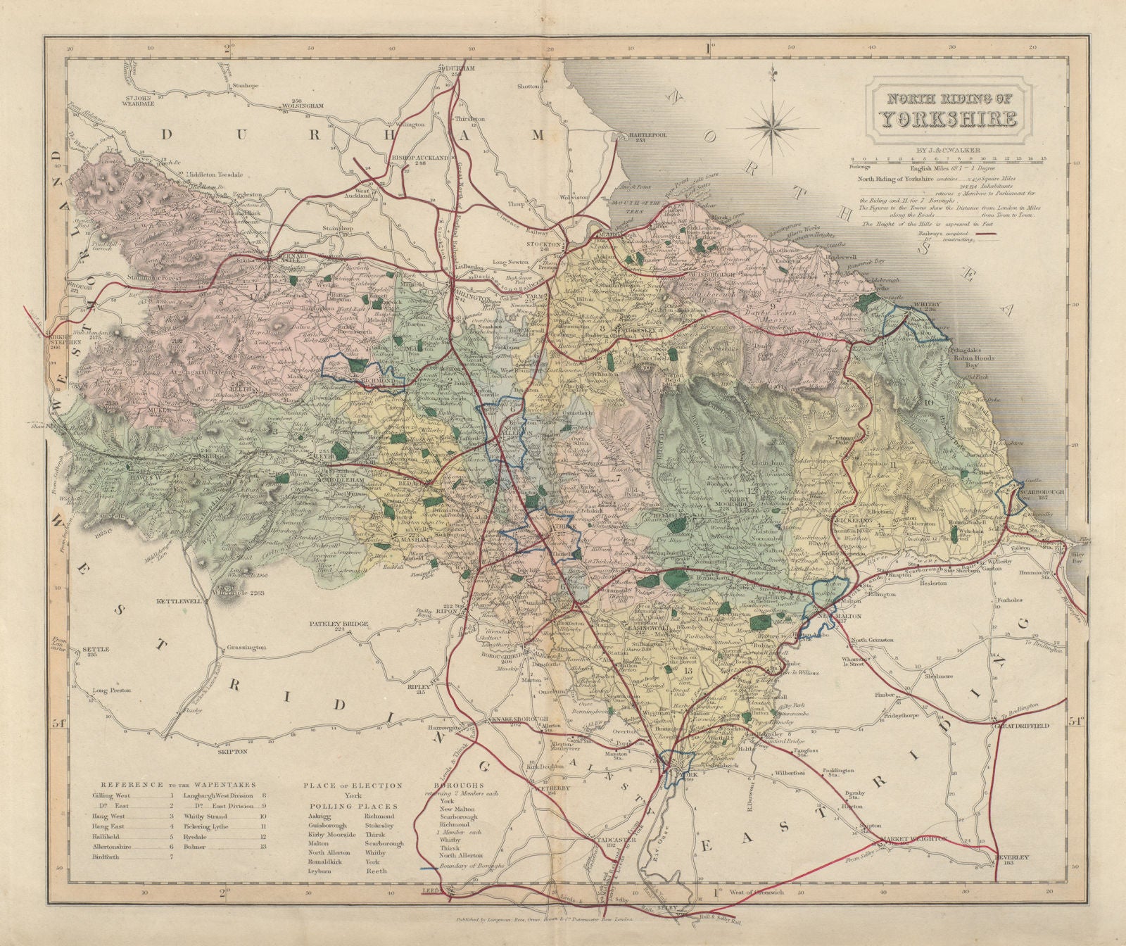 North Riding of Yorkshire antique county map by J & C Walker. Railways 1868